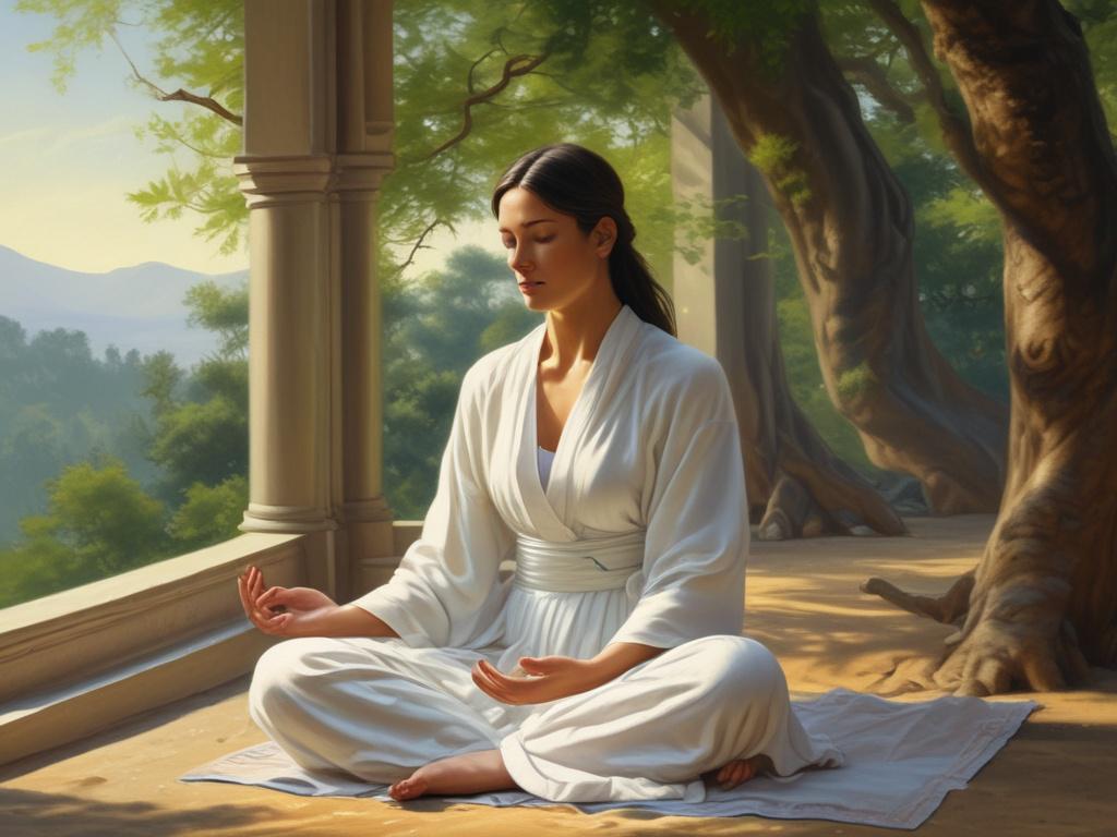 Create a high-quality illustration that captures the essence of a spiritual blog titled "The Veil and the Mirror." The composition should be simple and clear, focusing on a single subject: a serene figure meditating in a tranquil outdoor setting. The figure should exude a soft golden aura that radiates gently into the surrounding space, symbolizing inner peace and enlightenment. 

Place the figure amidst a lush, peaceful nature backdrop, consisting of tall, green trees and a softly flowing stream reflecting