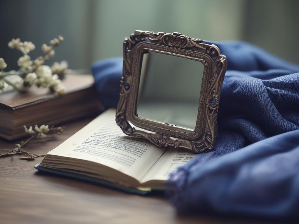 **Prompt for AI Image Generation:**

Create a realistic high-resolution photo that captures the essence of a blog titled "The Veil and the Mirror." The focal point should be a vintage, tattered book resting open on a rustic wooden table. The pages should display pressed flowers in vibrant colors, showcasing intricate details of their delicate structures. Surround the book with soft, cool-toned lighting that highlights the blues and grays in the scene, creating a serene and ethereal atmosphere. The backgroun
