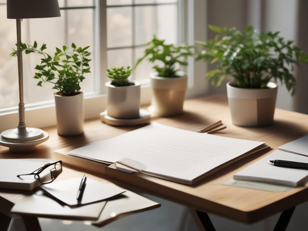 a serene workspace with a soft-lit desk, featuring a handwritten letter on high-quality stationery, surrounded by gentle lighting, a crystal, and a small plant, creating a peaceful atmosphere.