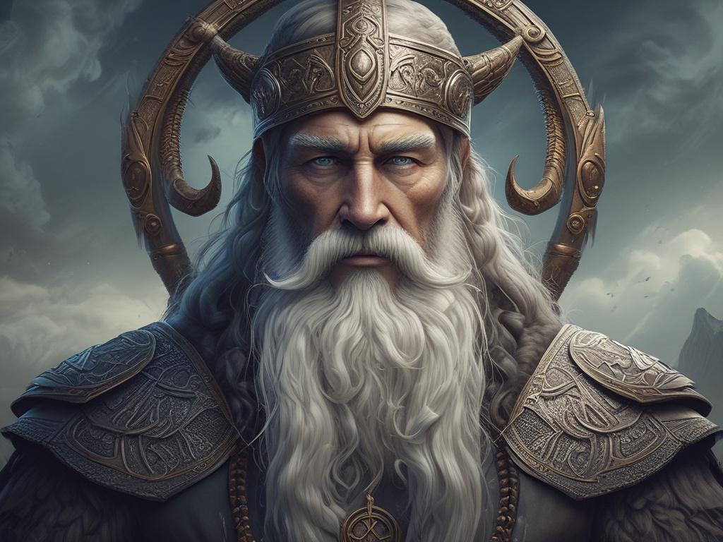 **AI Image Generation Prompt:**

Create a high-quality illustration of God Odin, the ancient Norse deity known for his wisdom and fierce presence. Odin should be depicted standing tall and commanding in a dramatic pose, with his long, flowing beard and piercing eyes that reflect centuries of knowledge. He wears a beautifully detailed cloak adorned with intricate runes that glow faintly, symbolizing his connection to ancient wisdom.

In the background, include a dramatic, stormy sky that adds to the intensit