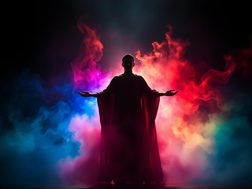 A captivating and vibrant scene that illustrates the theme of giving and receiving. The image should feature a single, powerful subject: a figure standing gracefully with outstretched hands, surrounded by an aura of vivid colors that symbolize energy exchange. The background should be a dramatic interplay of deep shadows and rich colors, creating a striking contrast that enhances the ethereal atmosphere. The setting is abstract but suggests a space of connection and spiritual depth.