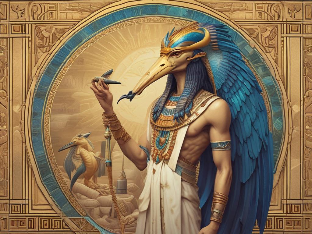 Create a high-quality illustration depicting the Egyptian god Thoth, portrayed as a majestic figure with the head of an ibis, symbolizing wisdom and writing. He stands tall in a serene and contemplative pose, draped in rich, flowing robes adorned with intricate patterns and golden accents that reflect his divine nature. 

The composition should be simple and clear, focusing solely on Thoth as the central subject. His wings are partially spread, suggesting a sense of movement and the flow of knowledge. In hi