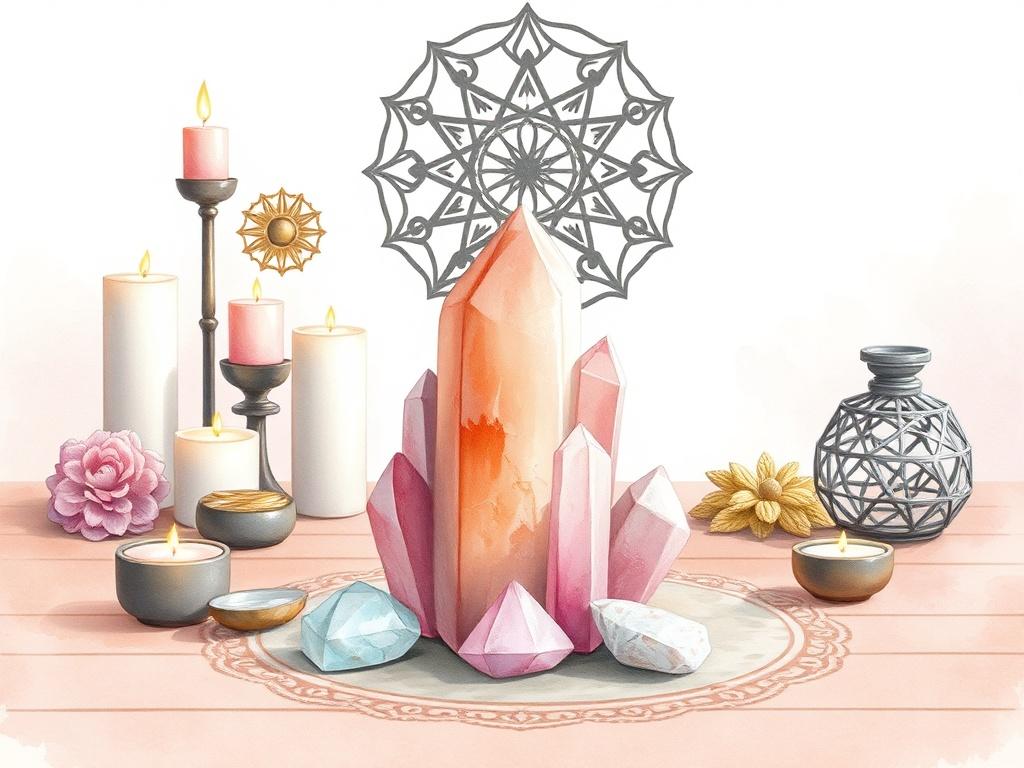A high-quality illustration that captures the essence of a serene healing space. Focus on a single crystal arrangement with various healing tools like candles and esoteric symbols in the background. Soft watercolor painting style with a calming color palette, incorporating shades of pink and gentle earth tones. The composition should evoke a sense of tranquility and spiritual awakening.