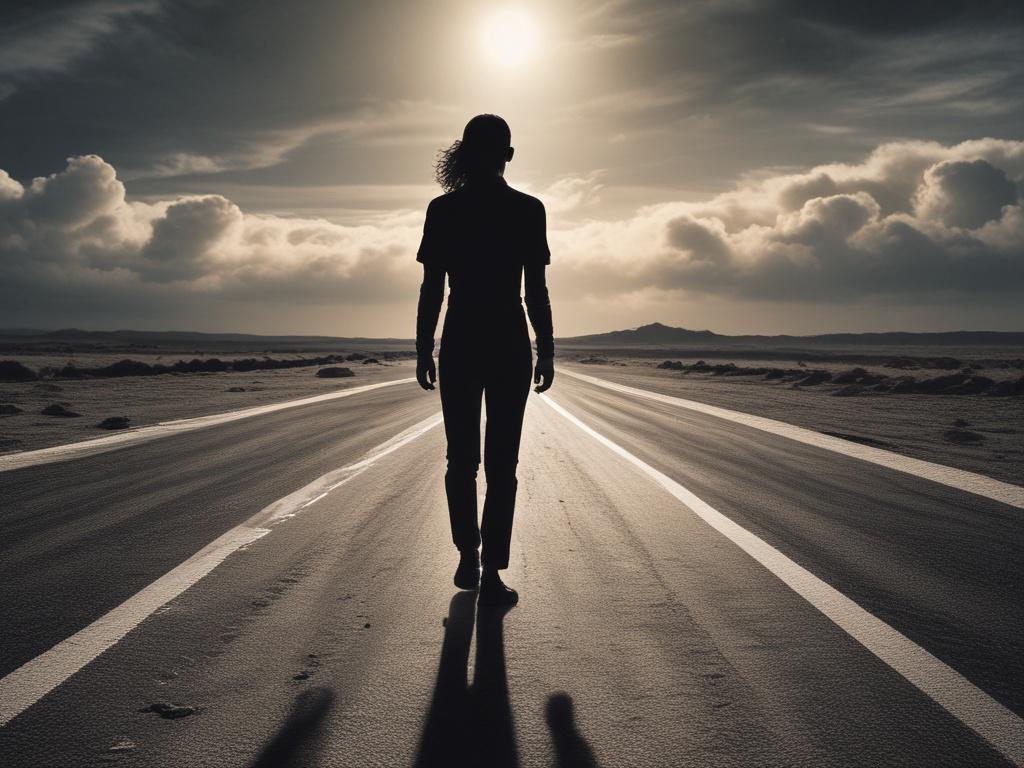 **AI Image Generation Prompt:**

Create a realistic high-resolution photo featuring a lone figure standing at the threshold of a cosmic finish line. The subject should be a calm, contemplative individual, dressed in flowing, ethereal attire that hints at both shadow and light. They are positioned in the foreground, gazing towards the cosmic finish line, which is illuminated by a spectrum of celestial colors against a dark, starry background. 

The finish line should appear as a shimmering ribbon of light, s