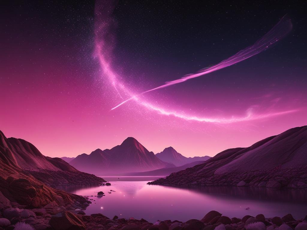 Create a realistic high-resolution photo featuring a single pink comet streaking across a beautifully illuminated night sky. The comet should have a vibrant, ethereal tail, trailing softly and shimmering with shades of pink and silver. The composition should center on the comet, allowing it to dominate the frame while filling the background with a rich tapestry of deep blues and blacks of the cosmos, dotted with soft, glowing stars that enhance the sense of depth and wonder. Use hyper-glossy, mirror-like re