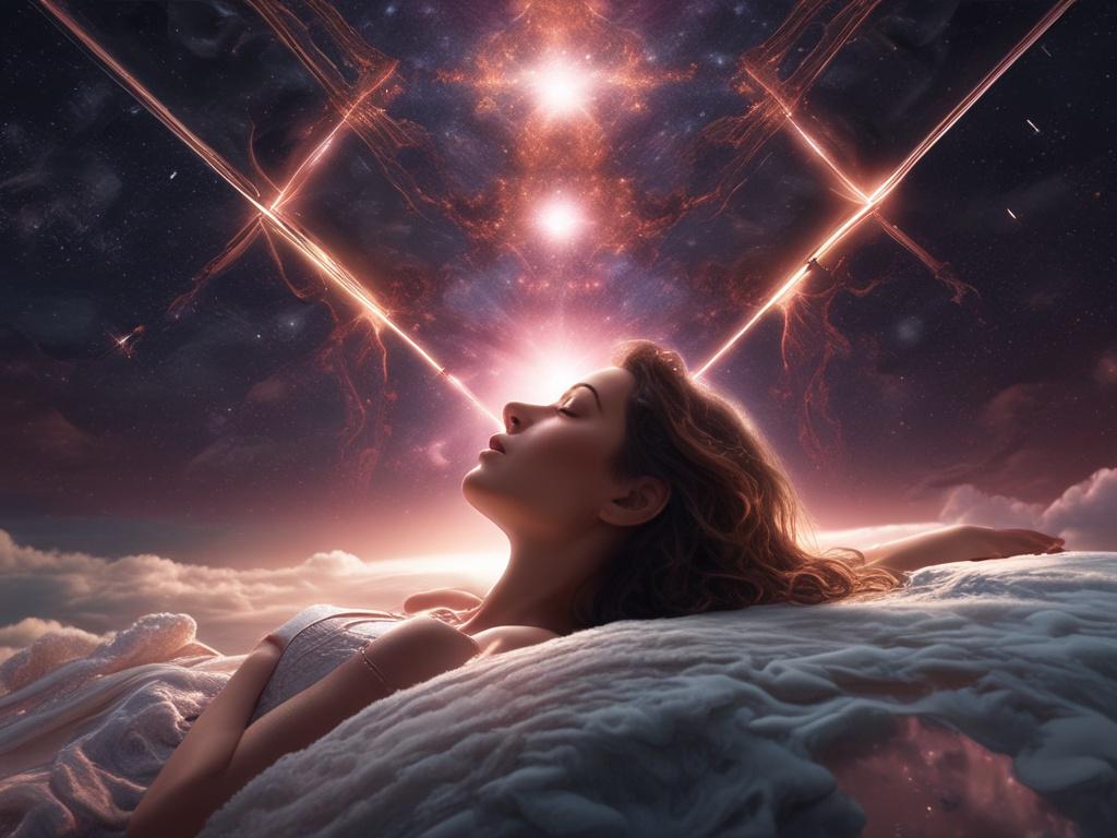 **Prompt for AI Image Generation:**

Create a realistic high-resolution photo that embodies the essence of "Cosmic Dreaming." The composition should feature a single subject: a person lying peacefully on a smooth, shimmering surface that reflects the cosmos above. The individual should appear serene, eyes closed, and surrounded by an ethereal glow, suggesting a deep connection to the universe. 

The background should display a breathtaking night sky filled with vibrant stars, swirling galaxies, and soft neb