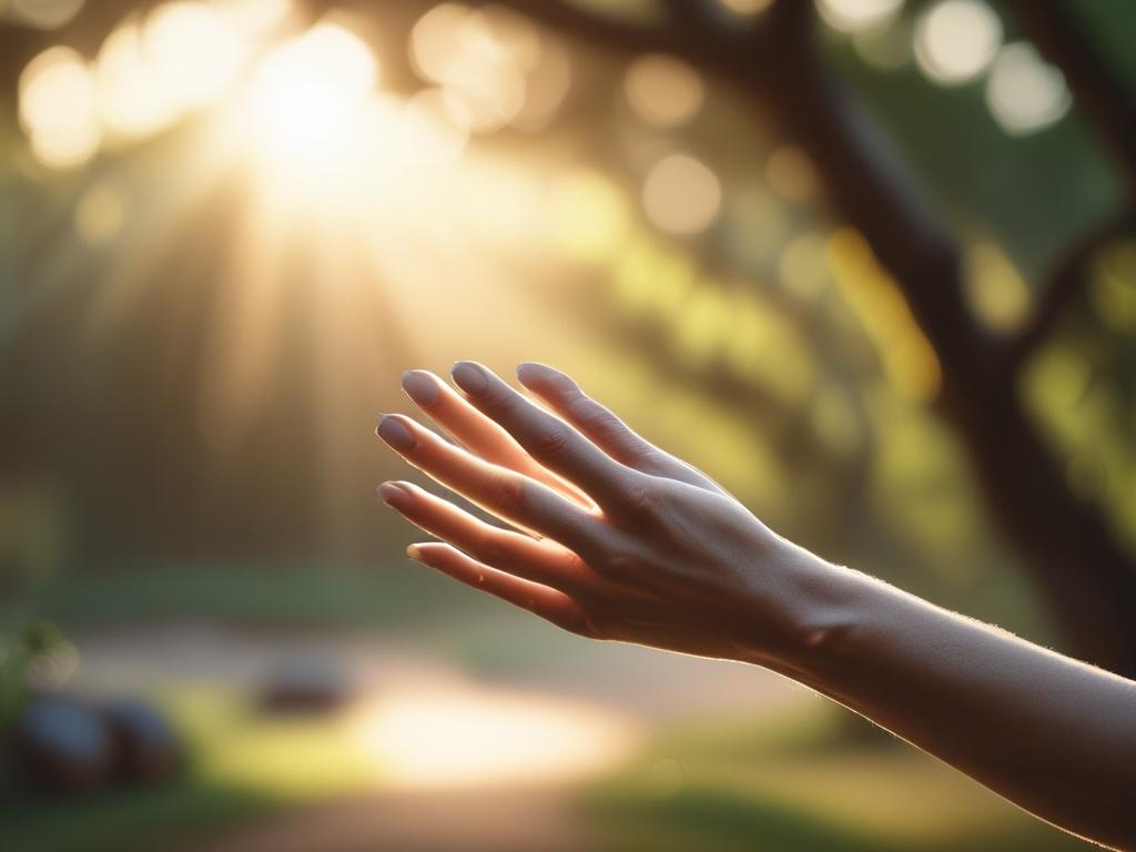 A serene, close-up shot of a hand reaching out towards a soft, glowing light. The background features ethereal, blurred elements of nature, creating a warm and inviting atmosphere. The focus is on the hand and light, captured with a 45mm f/1.2 lens to emphasize depth and clarity.