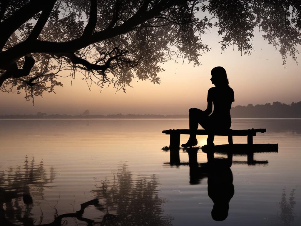 Create a realistic high-resolution photo featuring a serene silhouette of a woman sitting peacefully by the water at dawn. The composition should focus on the woman as the sole subject, positioned gently at the center of the image. She should be depicted in a meditative pose, embodying calm, contemplation, and inner knowing. The background should showcase a tranquil water surface reflecting the soft, warm hues of the early morning sky, with gentle ripples subtly enhancing the sense of serenity. Surrounding 