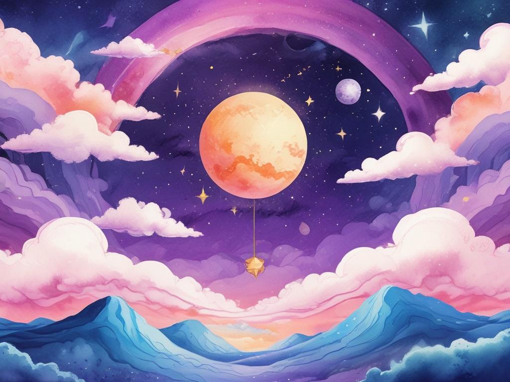 A stunning illustration featuring cosmic symbols floating against a backdrop of vast cosmic skies. The sky should be rich with vivid coloring, showcasing deep blues, purples, and hints of gold. The composition should be simple and clear, with the cosmic symbols delicately rendered in a soft watercolor style, harmonizing beautifully with the cosmic background. The overall feeling should be ethereal and inviting, encouraging viewers to explore the cosmic themes of the project.