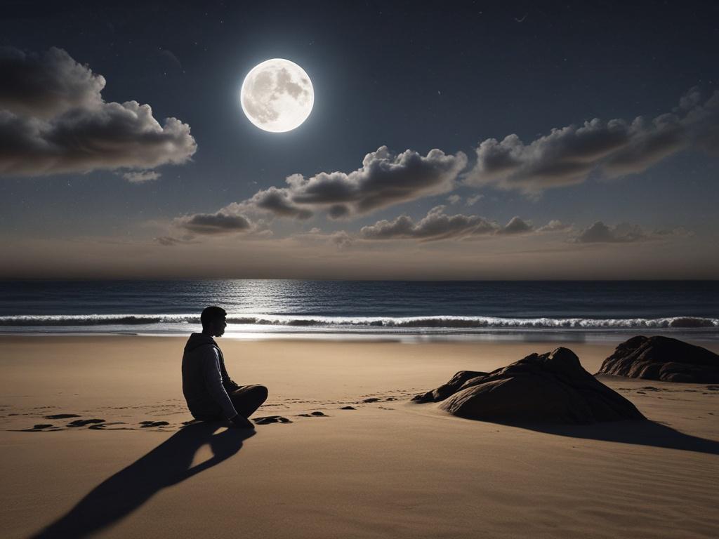 Create a highly realistic high-resolution image that conveys a sense of refuge within a cosmic landscape. The subject of the image should be a person sitting cross-legged on a serene, moonlit shore, gazing peacefully at a star-filled sky. The individual's silhouette should be defined against the backdrop of shimmering waves reflecting ethereal light. 

The composition should be simple and clear, focusing solely on this solitary figure. The background should feature deep shadows and dramatic lighting, highli