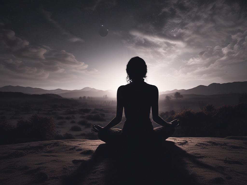**AI Image Generation Prompt:**

Create a realistic, high-resolution image of a serene figure in a meditation pose, set against a dark night sky. The subject should be a silhouette of a person sitting cross-legged, exuding a sense of peace and tranquility. Their form should be simple and clearly defined, allowing the viewer to focus solely on the essence of meditation.

In the background, depict a vast expanse of deep, starry sky filled with constellations that gradually form and shimmer against the darknes