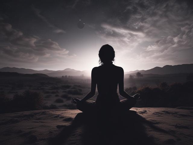 **AI Image Generation Prompt:**

Create a realistic, high-resolution image of a serene figure in a meditation pose, set against a dark night sky. The subject should be a silhouette of a person sitting cross-legged, exuding a sense of peace and tranquility. Their form should be simple and clearly defined, allowing the viewer to focus solely on the essence of meditation.

In the background, depict a vast expanse of deep, starry sky filled with constellations that gradually form and shimmer against the darknes