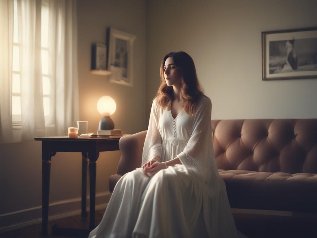 **Prompt for AI Image Generation:**

Create a realistic high-resolution photo that captures the essence of the blog titled "The Ghost." The composition should be simple and clear, featuring a single figure—a woman sitting in a softly lit, tranquil room. She has a contemplative expression, her gaze distant, as if she's somewhere else entirely, embodying the feeling of emotional unavailability. 

The background should consist of soft, muted colors, harmonizing with the RGB value of (162, 175, 127), and includ