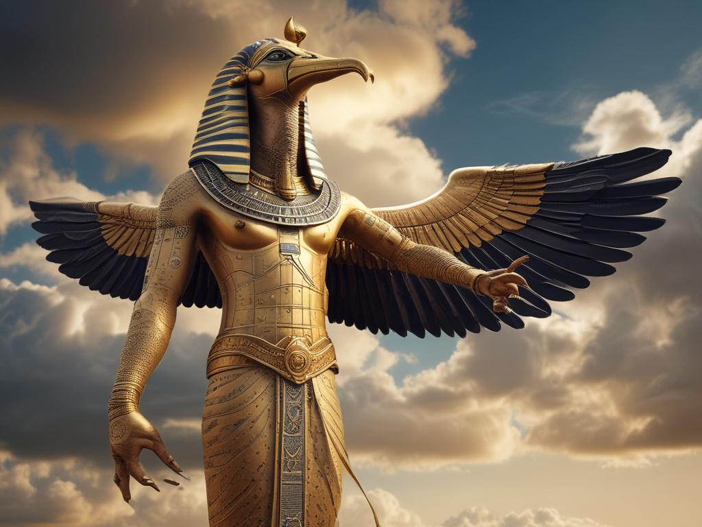 Create a realistic high-resolution photo of the Egyptian God Thoth, depicted as a majestic figure with the head of an ibis, standing confidently against a vast and dramatic sky. His skin glows with a warm, golden hue, symbolizing wisdom and enlightenment. Thoth is adorned in traditional ancient Egyptian garments, with intricate patterns that catch the light, reflecting a hyper-glossy sheen. 
The composition should be simple and clear, featuring Thoth as the sole subject, positioned slightly off-center to d