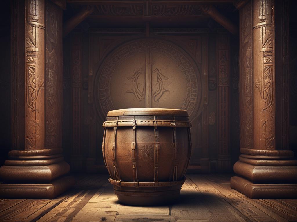 **AI Image Generation Prompt:**

Create a realistic high-resolution photo of a single ancient tribal drum, centered in the composition. The drum should be crafted from weathered wood, showcasing intricate carvings that reflect its rich history and cultural significance. Its surface should be taut, with a traditional animal skin drumhead that has visible texture and slight imperfections, emphasizing the authenticity of the piece.

The background should feature deep shadows and dramatic lighting, enhancing th