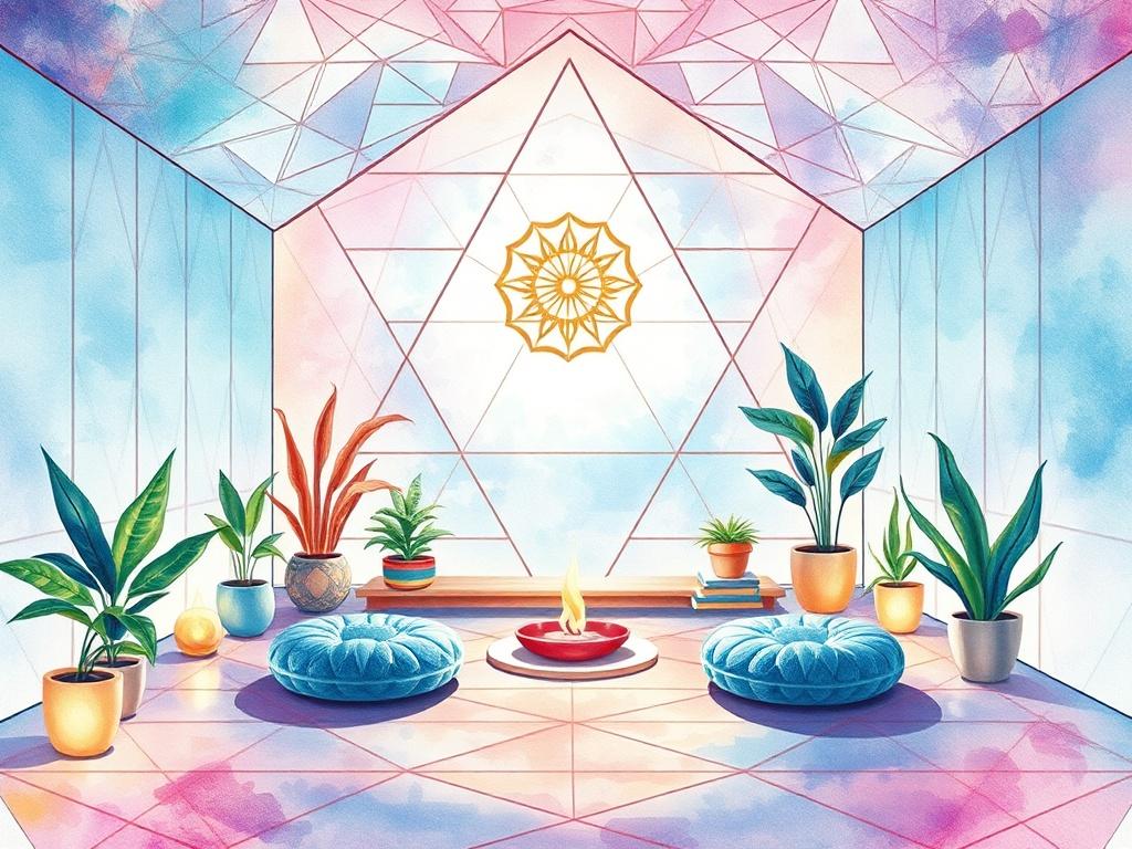 A serene reiki sanctuary with soft watercolor painting style. The scene should feature a tranquil space filled with geometric patterns and psychedelic colors, creating a harmonious atmosphere. Include elements such as a comfortable meditation area, gentle lighting, and natural elements like plants to enhance the sense of healing and tranquility. The background should be soft and inviting, emphasizing a peaceful environment.