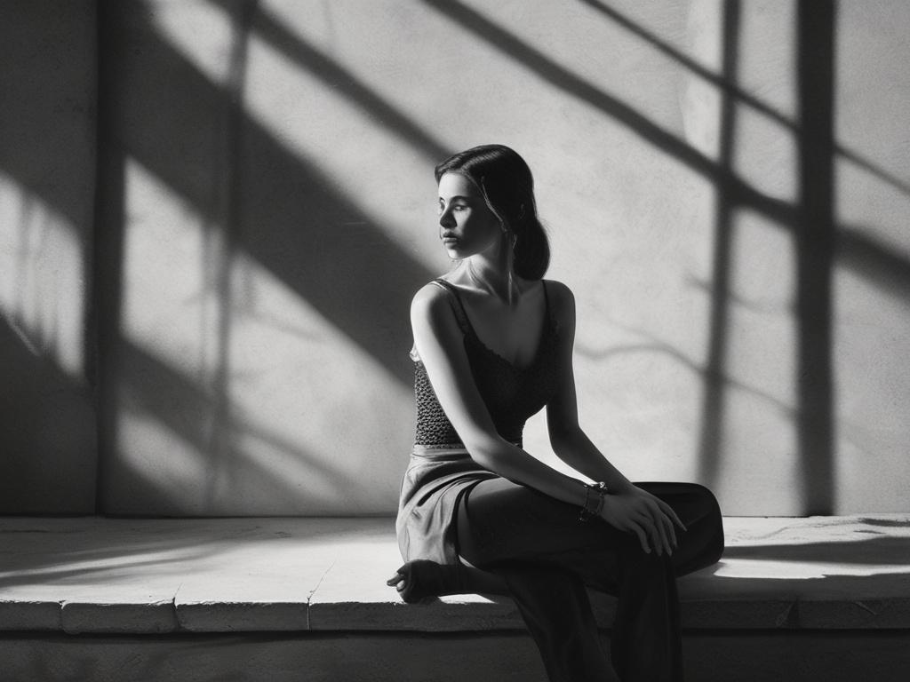 **Prompt for AI Image Generation:**

Generate a realistic high-resolution photo titled "Embracing Shadows: The Beauty of Depth." The composition should be simple and clear, featuring a single subject—an enchanting figure sitting gracefully in a softly lit, shadowy environment. The subject, a contemplative woman draped in a flowing, dark fabric, should embody a serene expression, reflecting introspection and tranquility. 

Position her in the center of the image, with her gaze directed slightly away, as if l