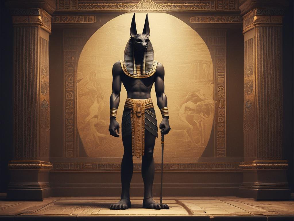 **AI Image Generation Prompt:**

Create a realistic high-resolution photo depicting the Egyptian god Anubis. The composition should feature Anubis as the singular subject, standing confidently in a dramatic pose. He should be depicted with the head of a jackal, wearing traditional pharaonic attire that showcases intricate golden details and rich dark fabrics. 

The background should consist of a shadowy Egyptian tomb, with dim, enchanting lighting that highlights Anubis and creates a strong contrast. The wa