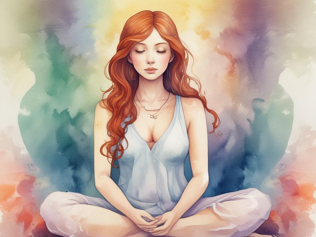 A serene scene depicting a goddess in meditation, with short auburn curly hair. She sits peacefully, surrounded by vibrant colors that evoke a sense of depth and spirituality. The background features soft, flowing watercolor patterns that blend harmoniously, creating an ethereal atmosphere. The composition is simple yet captivating, focusing solely on the goddess figure, embodying tranquility and enlightenment.