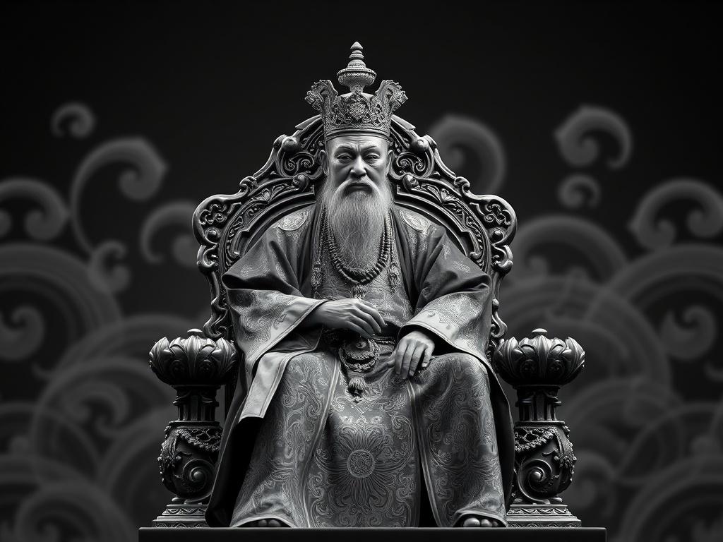Create a realistic high-resolution black and white photograph featuring a single subject: an emperor seated on an ornate throne, radiating a sense of power and regality. The emperor should be depicted in elaborate traditional attire, complete with intricate patterns and rich textures that convey both authority and a psychedelic essence. His expression should be contemplative and wise, capturing the essence of a ruler who understands the complexities of life.
The throne should be adorned with ethereal desig