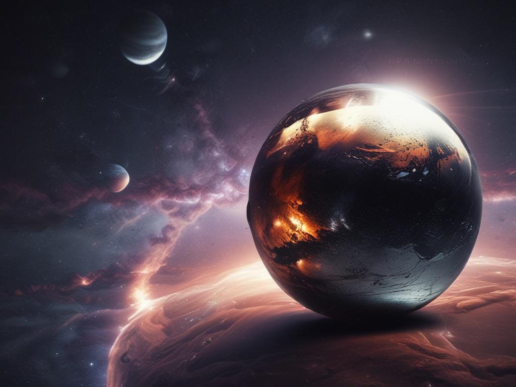 **Image Generation Prompt:**

Create a realistic high-resolution photo depicting the planet Mercury set against a cosmic background. The composition should be simple and striking, featuring Mercury as the central subject, capturing its textured surface with rich details and subtle glossy highlights to reflect light. Surround the planet with an ethereal cosmic backdrop that includes swirling nebulas in vibrant, psychedelic colors—deep purples, electric blues, and luminous greens—conveying a sense of depth an