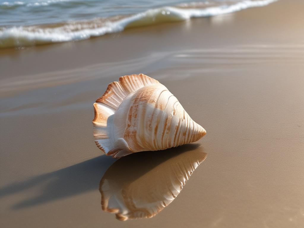 **AI Image Generation Prompt:**

Create a realistic, high-resolution photograph that captures a serene moment on a tranquil beach. The focal point of the image should be a single, beautifully detailed seashell, half-buried in the wet sand. The shell should be a rich, creamy white with intricate patterns and a glossy surface that reflects the luminous sunlight. 

In the composition, position the seashell slightly off-center to create a pleasing visual balance. Surround the shell with glistening grains of san