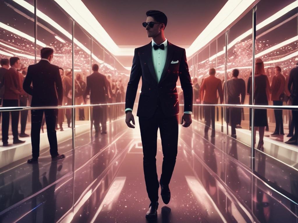 **AI Image Generation Prompt:**
Create a realistic high-resolution photo of an elegantly dressed individual arriving at a vibrant cosmic party. The subject should be a fashionably late guest, exuding a sense of effortless style and confidence. The focus is on a graceful figure, wearing a flowing, shimmering garment that reflects the cosmos, adorned with stars and nebulae in soft hues of blue, purple, and silver. 
In their hand, they hold a vintage clock, beautifully designed with intricate details, symbol