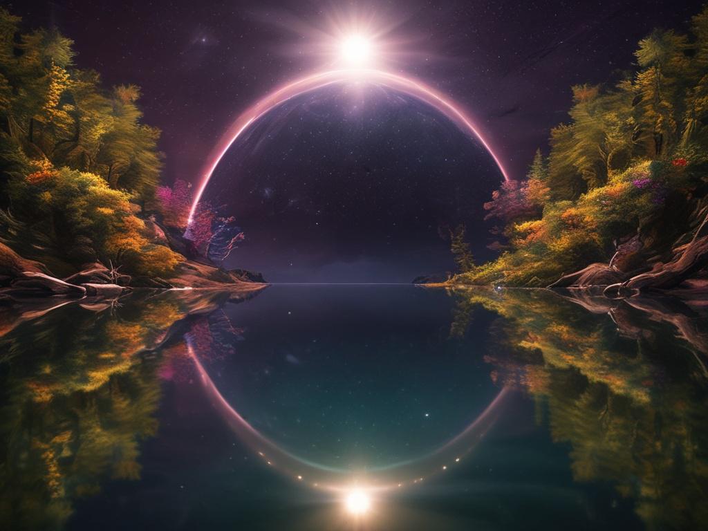 Create a realistic high-resolution photo that embodies the essence of a blog about spiritual exploration and cosmic connections. The composition should be simple and clear, featuring a single, breathtaking subject at the forefront: a serene figure meditating in a peaceful pose. This figure should be positioned against a vivid cosmic backdrop that showcases the vast universe, with swirling galaxies, shimmering stars, and glowing nebulae in stunning detail. 

The figure should exhibit a harmonious connection 