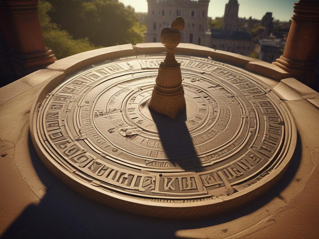 Create a realistic high-resolution photo of an ancient sundial as the central subject. The sundial should be intricately designed, showcasing detailed engravings and a weathered patina that reflects its historical significance. Position the sundial on a smooth, reflective surface, allowing for a hyper-glossy, mirror-like reflection that emphasizes its beauty and craftsmanship. 

For the background, use a serene garden scene with soft natural lighting, featuring gently blurred greenery and flowering plants t