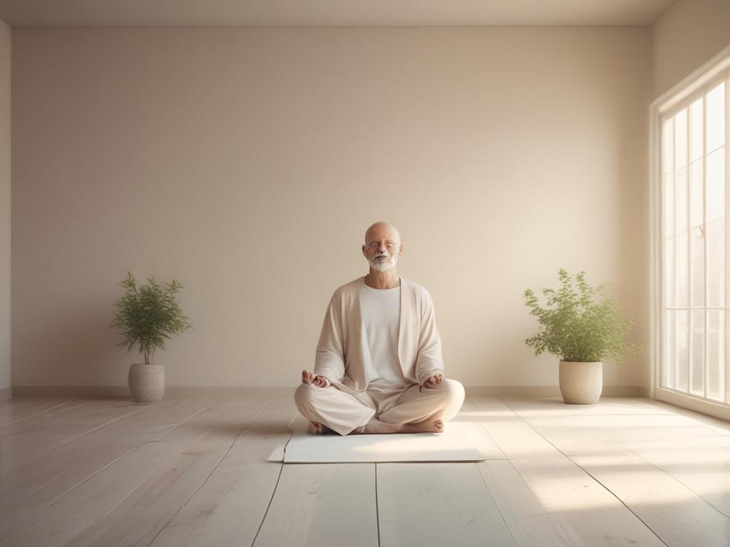 A serene, peaceful setting with soft, natural lighting. A single person meditating in a tranquil space surrounded by gentle colors. The atmosphere exudes calmness and healing energy, with soft tones that reflect serenity and alignment.