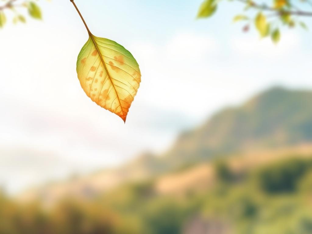 Create a high-quality watercolor illustration that captures the essence of tranquility and introspection for a blog titled "Whispers of the Breeze". The composition should feature a single delicate leaf, gently suspended in midair, as if caught in a softened moment of time. The leaf should exhibit rich hues of green and gold, reflecting the sunlight filtering through the surrounding atmosphere.

In the background, depict a softly blurred landscape of serene nature, with gentle rolling hills and a hint of a 