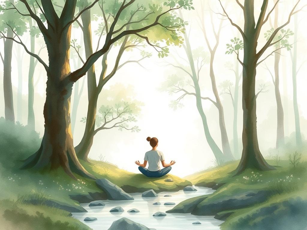 A serene watercolor illustration of a person meditating in a tranquil forest, surrounded by soft light and gentle shadows, indicating a journey of self-discovery. The background should have soft, flowing trees and a calming stream, all rendered in a soft watercolor style with a muted color palette.