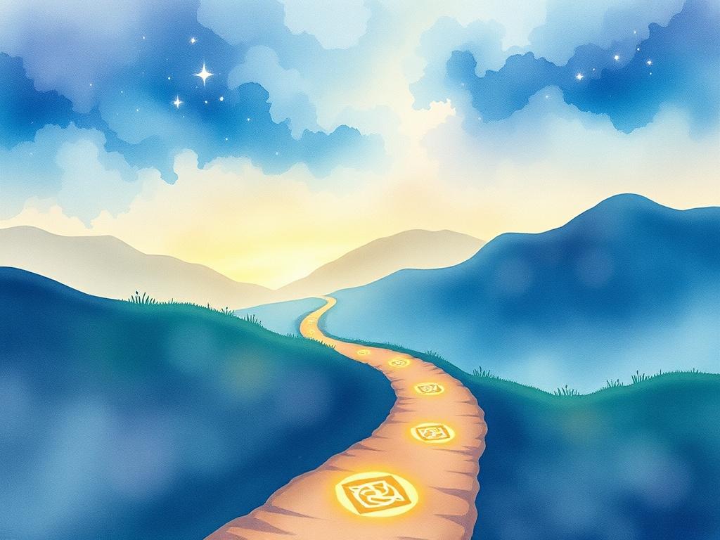 A captivating watercolor illustration of a winding path through a mystical landscape, symbolizing a journey of transformation. The path should be lined with soft, glowing lights and intriguing symbols, creating an inviting and inspiring atmosphere, all in a gentle watercolor style.