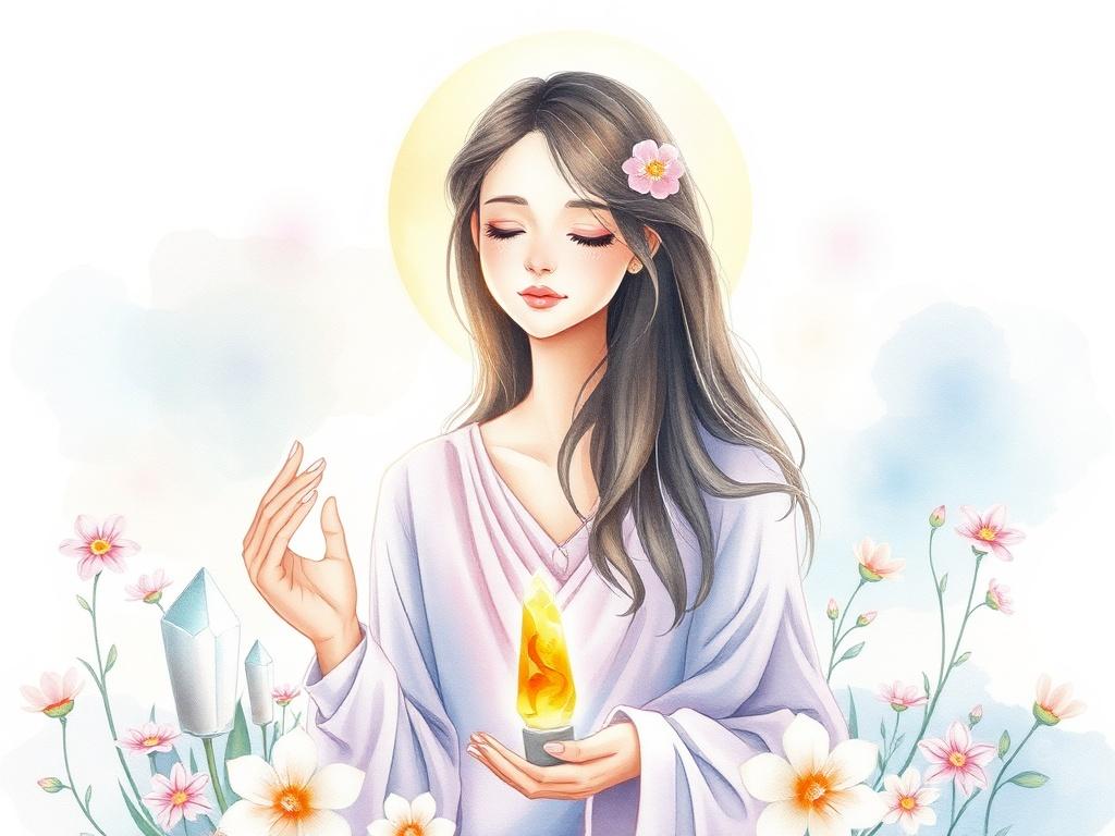 A beautiful watercolor illustration depicting a gentle healer surrounded by healing crystals and soft light, with a calming environment that encourages connection and growth. The background should feature peaceful elements like flowers and subtle waves, all in a soothing watercolor style.