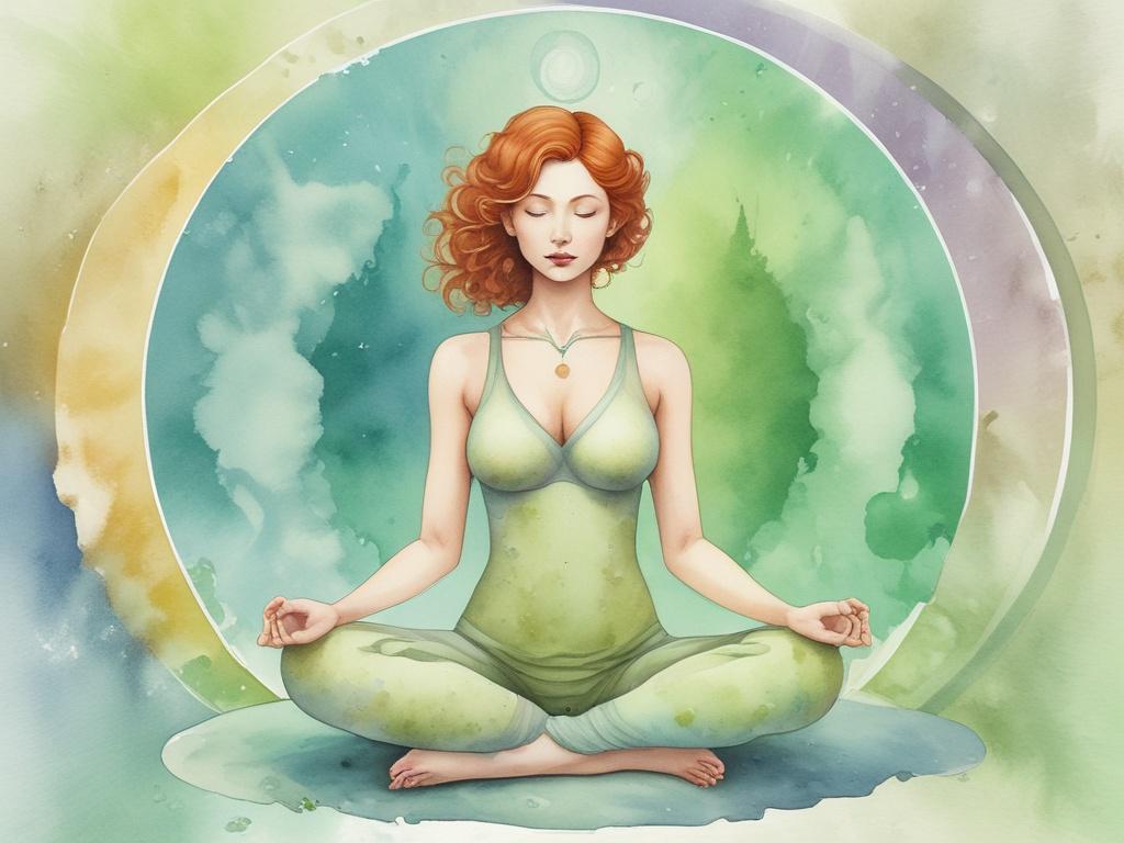 A beautiful short auburn curly-haired curvy woman sitting in a serene meditation pose. She is surrounded by a soft watercolor background that features gentle hues of light greens and creams. The chakras are illustrated as vibrant colored orbs aligned along her spine, glowing softly. The environment is tranquil, with subtle hints of nature, such as leaves and soft light filtering through. The overall composition is calming and inviting, focusing solely on the woman and her peaceful energy.