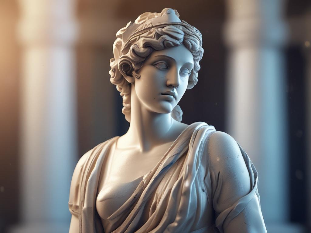 Create a hyper-realistic, high-resolution image of a broken Greek statue set against a softly blurred background that evokes a serene and ethereal atmosphere. The statue, embodying classical beauty with intricate details, should be positioned centrally in the composition, showcasing its weathered texture and the beauty in its imperfections. 

Light should cascade gently onto the statue, creating luminous highlights on its polished surfaces that reflect a mirror-like sheen, while subtle shadows enhance its t