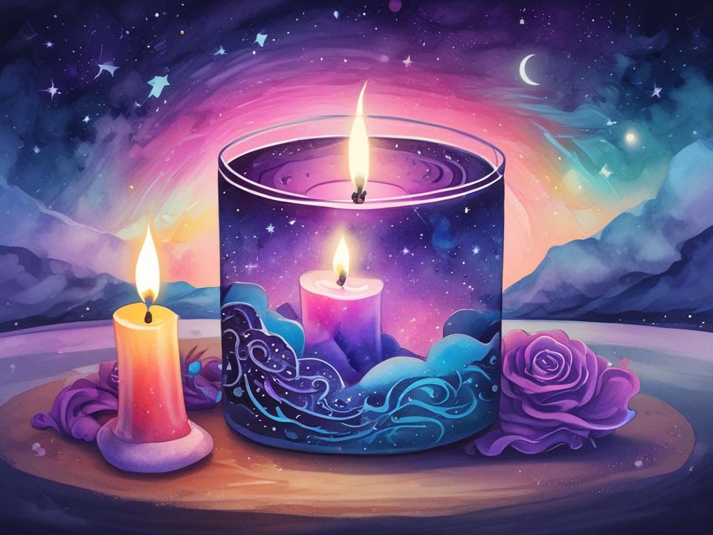 A vividly colorful, cosmic scene featuring a glowing purple tealight candle. The candle radiates a soft, ethereal light against a backdrop of deep, starry night skies, filled with swirls of purple and teal hues. The composition focuses solely on the candle, which sits on a delicate, shimmering surface that reflects its light, enhancing the magical atmosphere. The overall feel is serene and enchanting, inviting viewers to explore the spiritual depths of The Veil & Mirror.