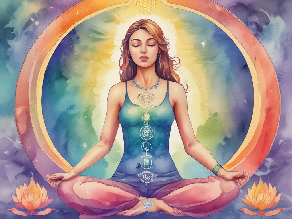 A beautifully serene scene depicting a beautiful woman in a meditative pose, surrounded by vibrant colors symbolizing the seven chakras. Each chakra is represented with a distinct color, flowing harmoniously around her. The background features soft, swirling watercolor patterns that enhance the ethereal quality of the moment. The woman exudes tranquility and grace, embodying the essence of reiki energy. The composition is simple, focusing solely on her presence and the radiant energy of the chakras.