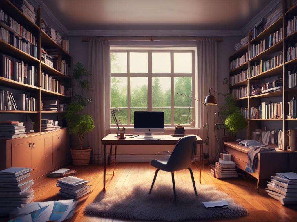 **Prompt for AI Image Generation:**

Create a realistic high-resolution photo of a cozy, yet chaotic study room filled with a scattering of open papers and books. The room should have a warm, inviting atmosphere, with soft natural light filtering through a nearby window, casting gentle shadows on the clutter. In the center of the composition, place a worn wooden desk, overflowing with a variety of colorful, old books piled haphazardly alongside scattered papers filled with handwritten notes and sketches. 

