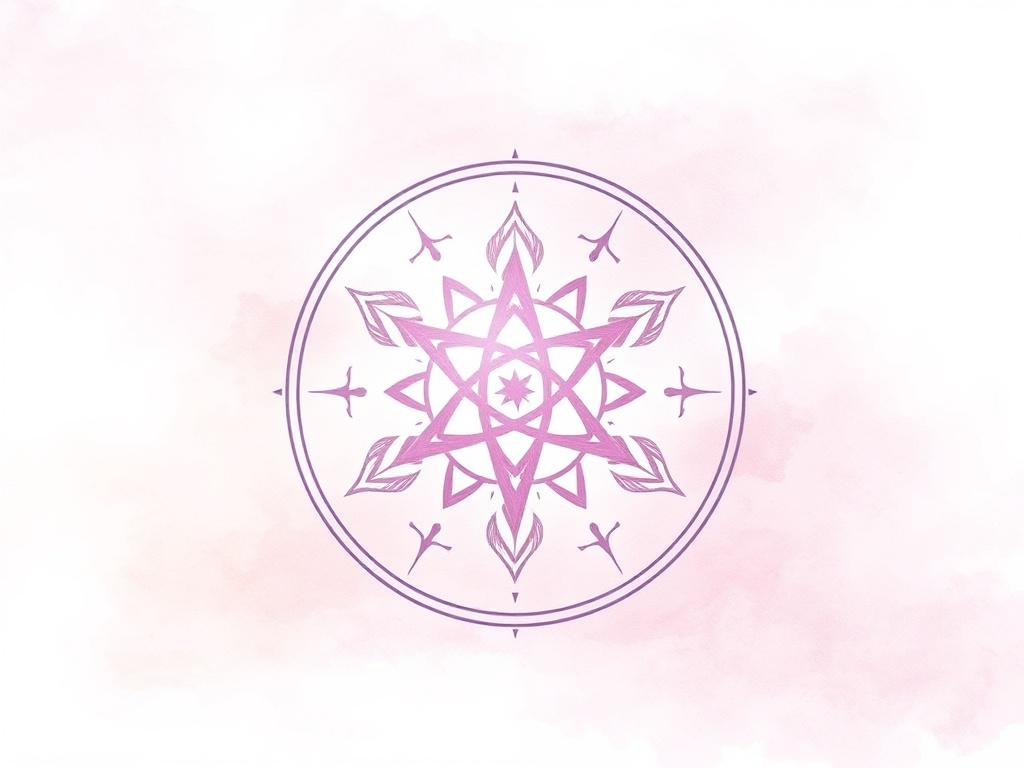 A high-quality illustration of a mystical esoteric symbol, softly painted in watercolor style. The symbol should be the focal point, intricately designed with delicate lines and curves, surrounded by a serene, ethereal background that blends shades of soft pink, lavender, and light blue. The image should evoke a sense of spirituality and awakening, with gentle light radiating from the symbol, enhancing its significance.