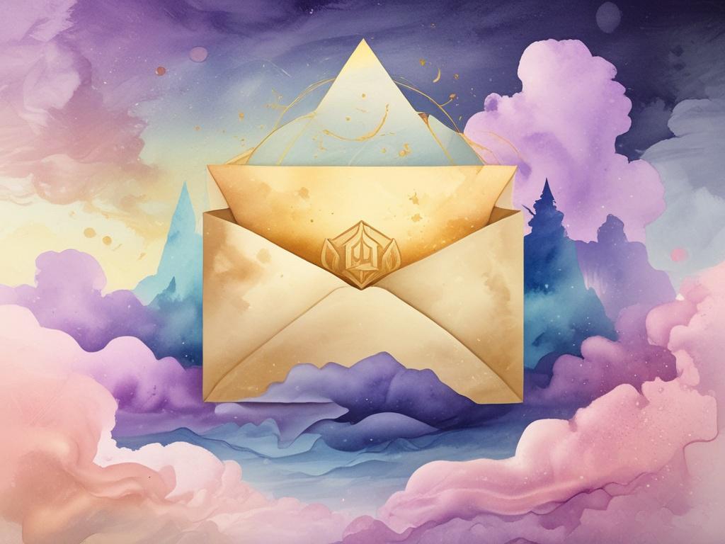A golden envelope glowing mid-air, sealed with a cosmic sigil, elegantly floating between dimensions. The background should depict a dreamy, ethereal landscape with soft watercolor tones, blending hues of pastel colors that evoke a sense of wonder and mystery. The focus should be solely on the golden envelope, capturing its shimmering details and the intricate design of the cosmic sigil, surrounded by a gentle aura of light.