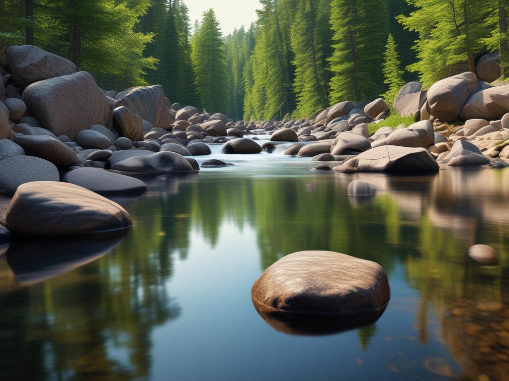 **AI Image Generation Prompt:**
Create a realistic high-resolution photo that captures the serene beauty of a river gently flowing over smooth, rounded rocks. The composition should be simple and clear, focusing solely on the river as the main subject. The water should appear crystal-clear, reflecting light in a hyper-glossy manner, with luminous highlights that showcase the texture of the rocks beneath the surface.
In the background, feature a lush, green landscape with soft, blurred foliage that highlig