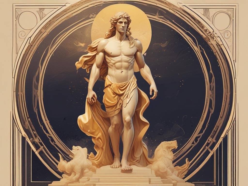 Create a high-quality illustration featuring a solitary figure of Apollo, the Greek god of light, art, and prophecy. Apollo stands confidently in the center of the composition, radiating a warm golden glow, symbolizing enlightenment and inspiration. His attire consists of flowing robes that blend shades of deep blue and soft pink, reflecting the ethereal and surreal essence of the blog's themes.

The background is a dreamlike landscape, softly blurred to enhance the focus on Apollo. Incorporate wispy clouds