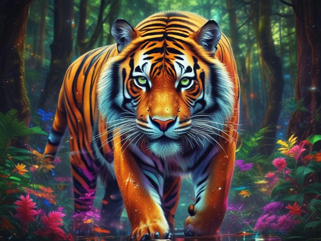 A vivid depiction of a cosmic tiger prowling through a psychedelic forest. The tiger's fur shimmers with iridescent colors, reflecting the vibrant hues of the forest around it. The trees are tall and twisted, adorned with luminous leaves in shades of green, purple, and blue. Soft, glowing lights hover in the air, creating an ethereal ambiance. The ground is carpeted with lush, vivid foliage, and a mist swirls softly at the base of the trees, enhancing the dreamlike quality of the scene.