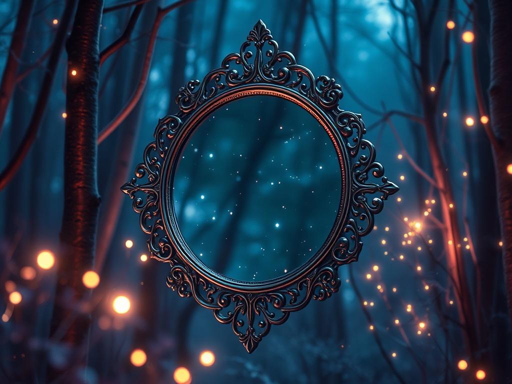 An ornate mirror floating in a twilight forest, reflecting stars instead of a reflection. The setting is illuminated by softly enchanted lighting, casting a magical glow. Surrounded by glowing runes and fireflies, the color palette features silvers, lilacs, and midnight blue, creating a mystical atmosphere. The composition is simple and clear, focusing solely on the mirror as the subject, situated amidst the ethereal beauty of the forest.