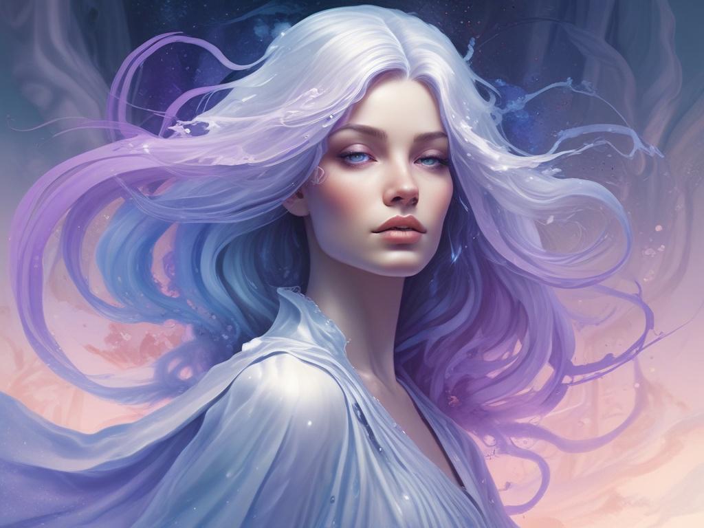 **AI Image Generation Prompt:**

Create a high-quality illustration featuring a gorgeous woman cloaked in a flowing, ethereal garment that shimmers with subtle hues of silver and lavender. Her vivid blue eyes should capture the viewer's attention, radiating a sense of wisdom and mystery. Position her slightly off-center to the right, allowing for a balanced and simple composition that draws focus to her enchanting presence. 

In the background, depict a surreal dreamlike landscape with soft, swirling clouds