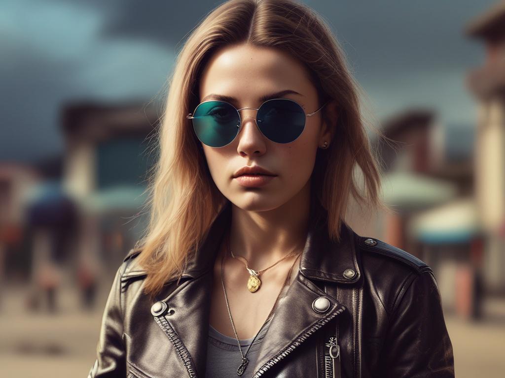 Create a realistic high-resolution photo featuring a rebellious lady as the central subject. She should have an edgy yet confident expression, wearing stylish sunglasses that reflect a vivid, psychedelic atmosphere. The lady is dressed in a detailed leather jacket that adds to her bold persona. 

Position her against a softly blurred urban background that hints at a vibrant cityscape, with warm, inviting colors that enhance the overall mood while maintaining a gentle atmosphere. The lighting should be soft 