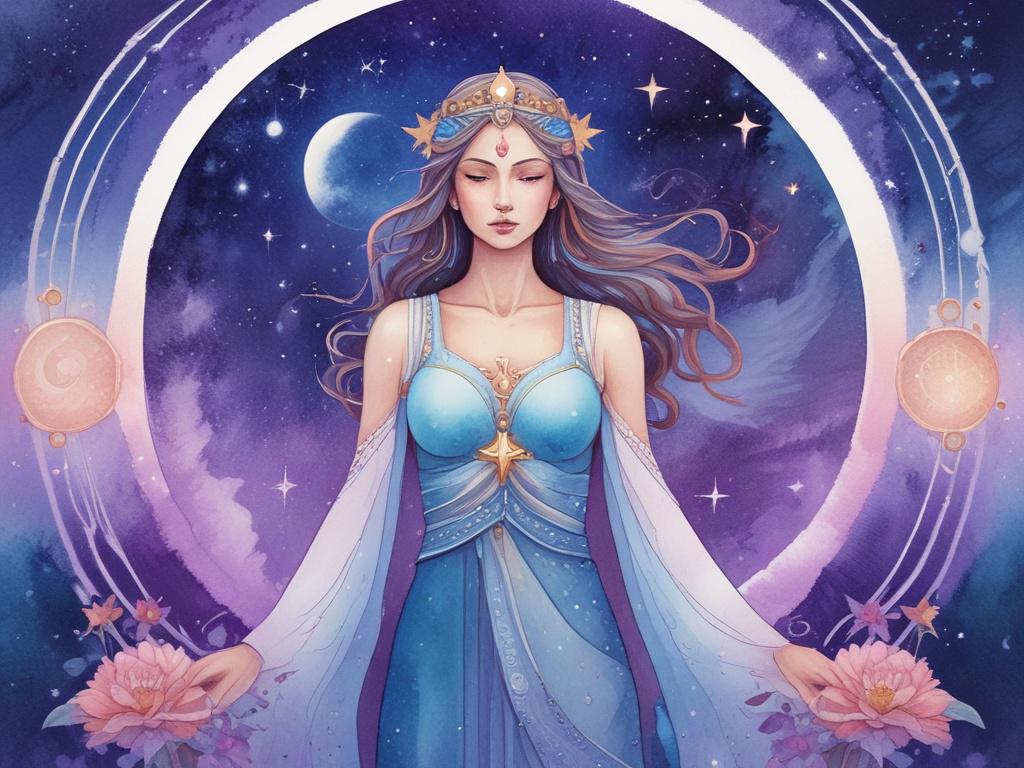 A vivid illustration of a serene goddess standing gracefully amidst a starry cosmos. She embodies tranquility, surrounded by soft watercolor symbols representing the elements and spiritual principles. The background features a gradient of deep blues and purples, evoking the vastness of space, while the goddess is illuminated by gentle, ethereal light, creating a harmonious balance between shadow and light.