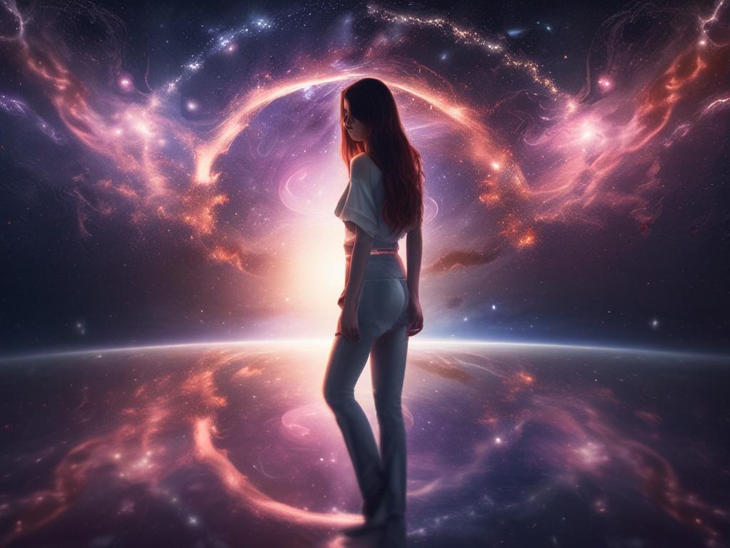 **Image Generation Prompt:**

Create a realistic high-resolution photo featuring a single, ethereal subject: a person standing gracefully with their left side facing the viewer. The focal point is a swirling galaxy encapsulated within their chest, projecting a cosmic scene filled with vibrant stars, nebulas, and celestial colors in deep purples, blues, and soft pinks. The galaxy should radiate with luminous highlights, creating a stark contrast against the natural skin tone of the subject.

The subject shou