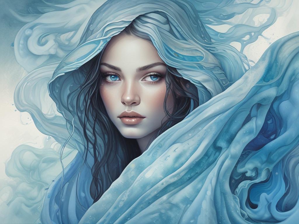 Create a high-quality illustration of a gorgeous woman cloaked in flowing, ethereal fabric that seems to blend seamlessly with her surroundings. Her vivid blue eyes should radiate a sense of wisdom and depth, drawing the viewer in. 

The background should be surreal and dreamlike, filled with soft, surrealist elements like wispy clouds, gentle glimmers of light, and faint, fluid forms that evoke a sense of mystery and enchantment. Utilize colors that complement the rgb(162, 175, 127) primary color, incorpor